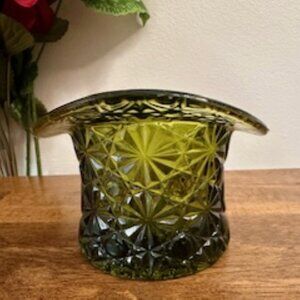 Fenton Daisy Button Green Glass Top Hat‎ Vintage Pressed Glass Toothpick Holder